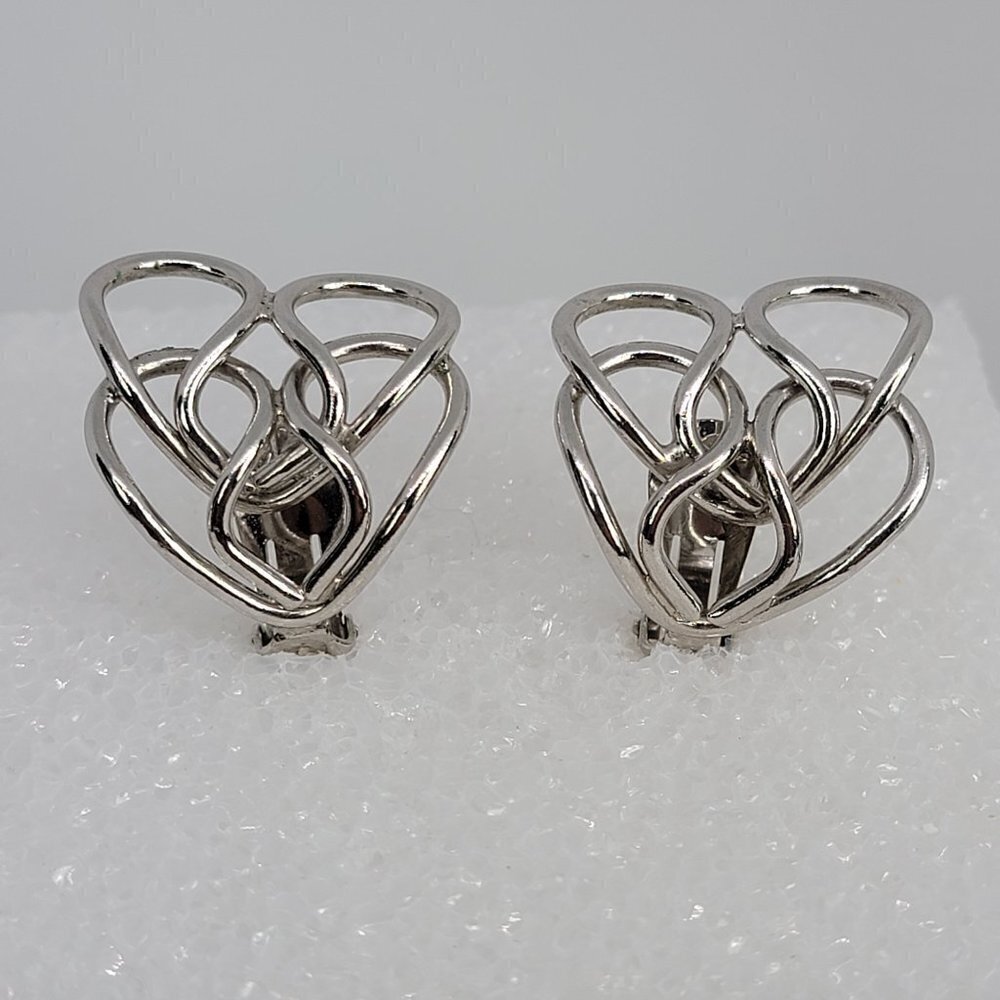 Vintage Signed BERGERE Silver-Tone Love Knot Stud Clip-On Earrings
